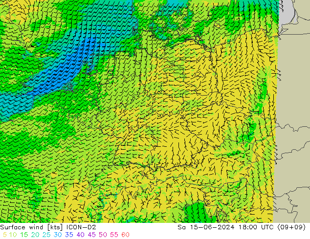 Vent 10 m ICON-D2 sam 15.06.2024 18 UTC