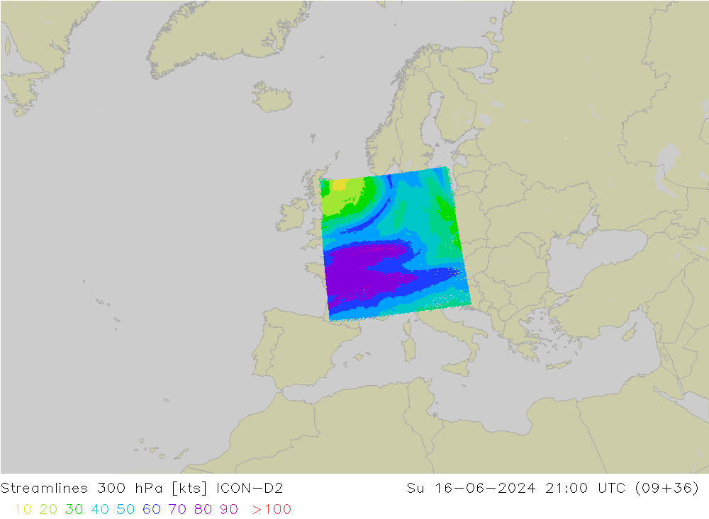 Streamlines 300 hPa ICON-D2 Su 16.06.2024 21 UTC