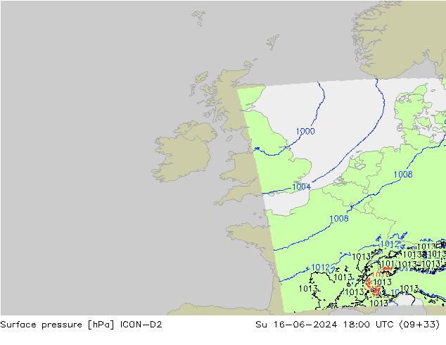 Surface pressure ICON-D2 Su 16.06.2024 18 UTC