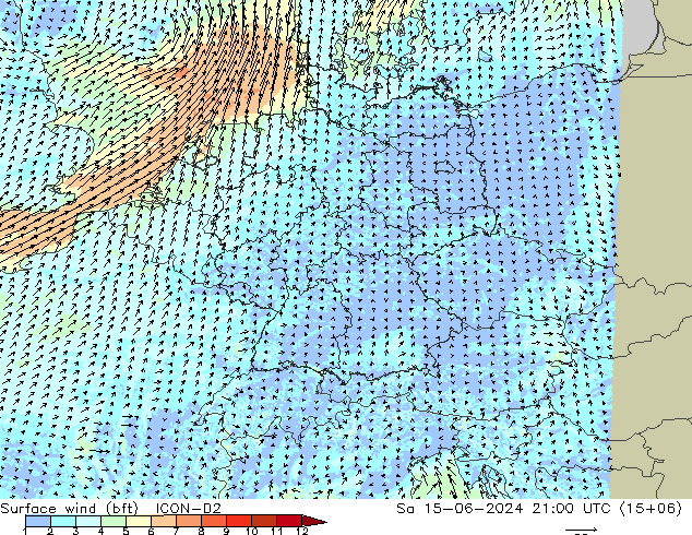 Surface wind (bft) ICON-D2 Sa 15.06.2024 21 UTC