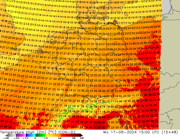 Max.temperatuur (2m) ICON-D2 ma 17.06.2024 15 UTC