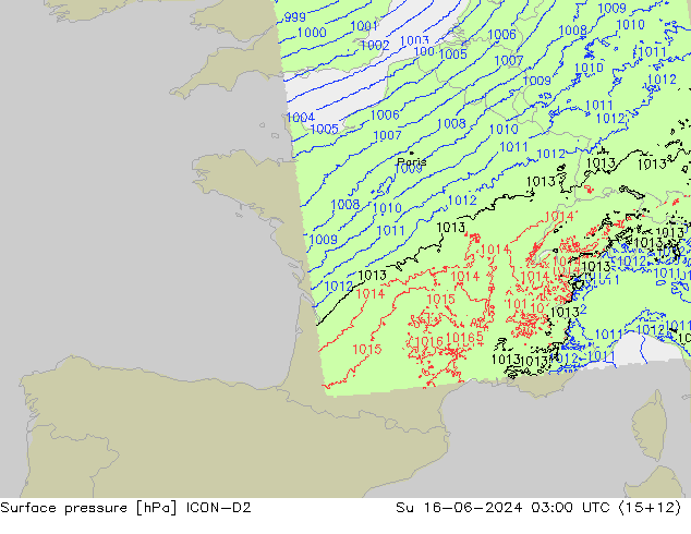 Surface pressure ICON-D2 Su 16.06.2024 03 UTC