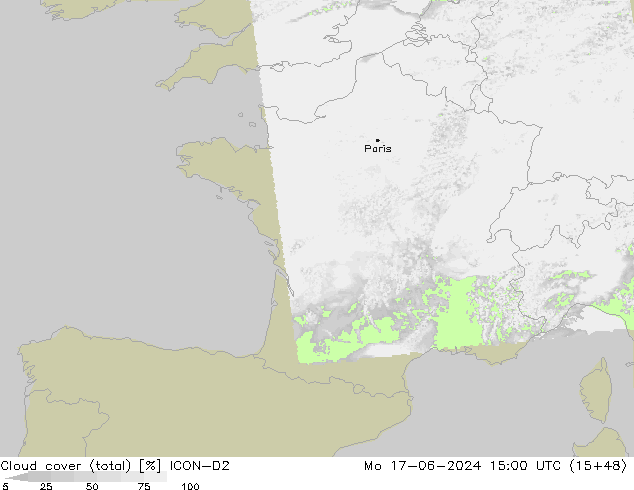Cloud cover (total) ICON-D2 Mo 17.06.2024 15 UTC