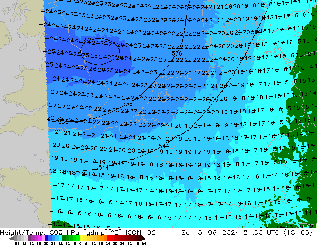 Height/Temp. 500 hPa ICON-D2 Sa 15.06.2024 21 UTC