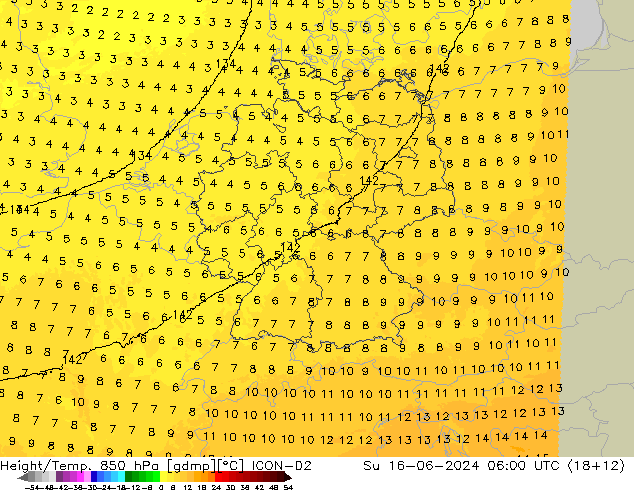 Height/Temp. 850 hPa ICON-D2 nie. 16.06.2024 06 UTC