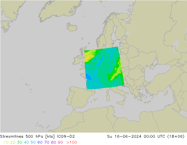 Stroomlijn 500 hPa ICON-D2 zo 16.06.2024 00 UTC