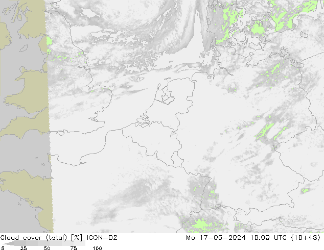 Cloud cover (total) ICON-D2 Mo 17.06.2024 18 UTC