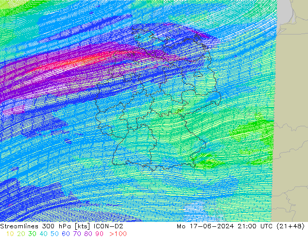Rüzgar 300 hPa ICON-D2 Pzt 17.06.2024 21 UTC