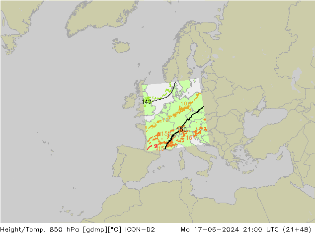 Height/Temp. 850 hPa ICON-D2  17.06.2024 21 UTC