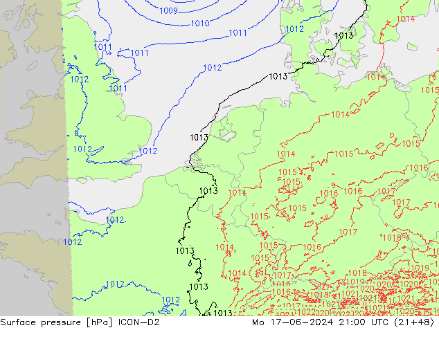 Atmosférický tlak ICON-D2 Po 17.06.2024 21 UTC