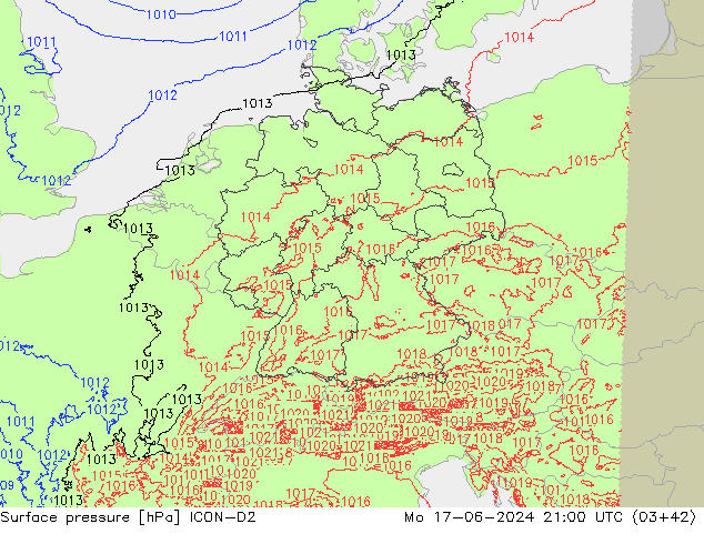 Atmosférický tlak ICON-D2 Po 17.06.2024 21 UTC