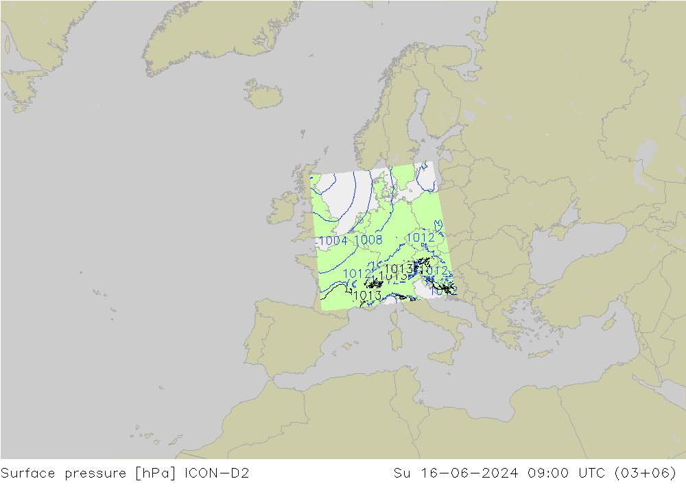Presión superficial ICON-D2 dom 16.06.2024 09 UTC