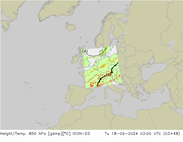 Yükseklik/Sıc. 850 hPa ICON-D2 Sa 18.06.2024 03 UTC