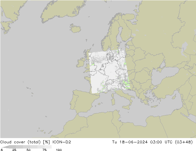 Cloud cover (total) ICON-D2 Út 18.06.2024 03 UTC