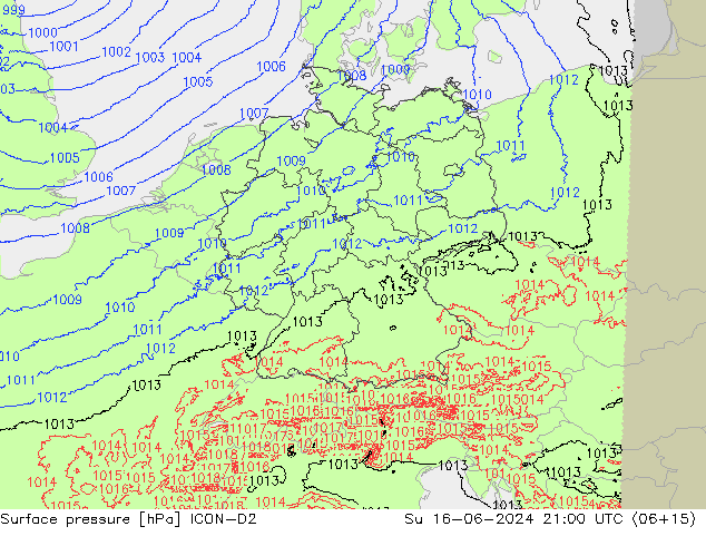 Atmosférický tlak ICON-D2 Ne 16.06.2024 21 UTC