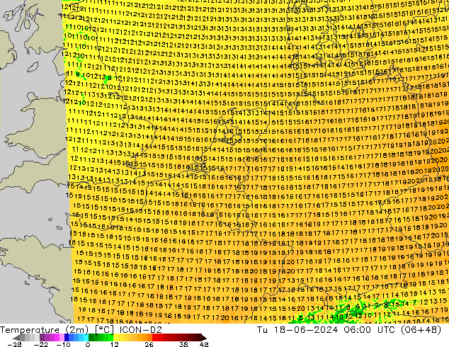 Temperatura (2m) ICON-D2 mar 18.06.2024 06 UTC