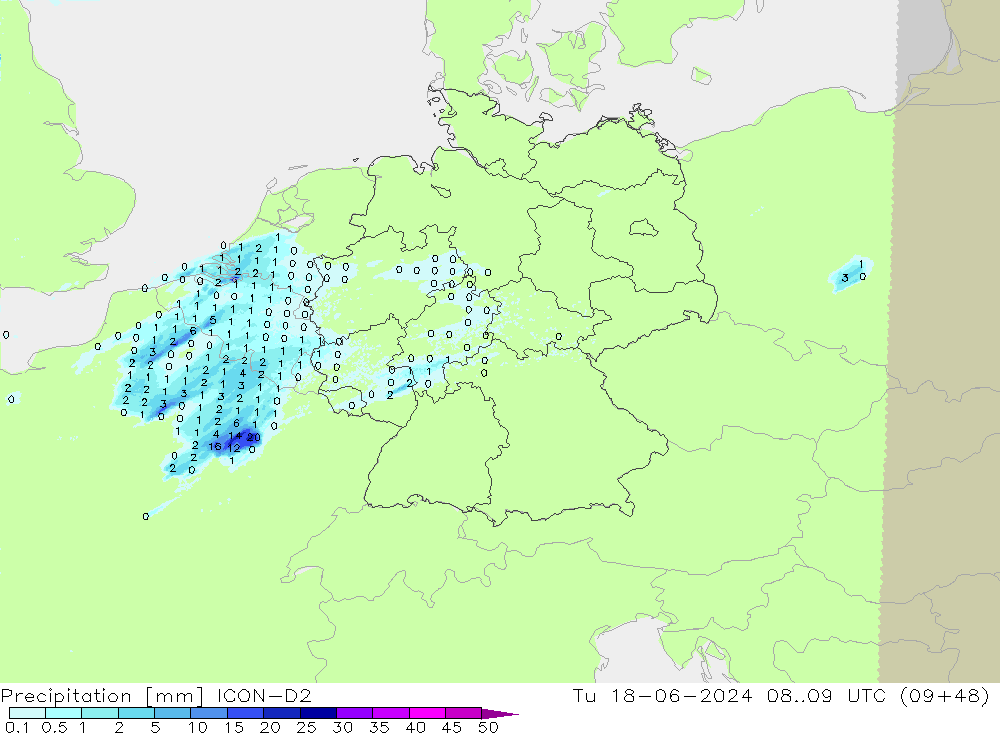 Precipitation ICON-D2 Tu 18.06.2024 09 UTC