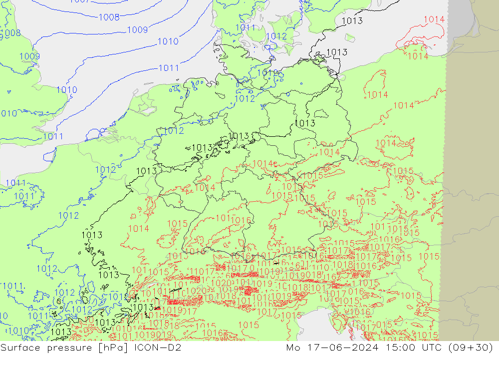 Luchtdruk (Grond) ICON-D2 ma 17.06.2024 15 UTC