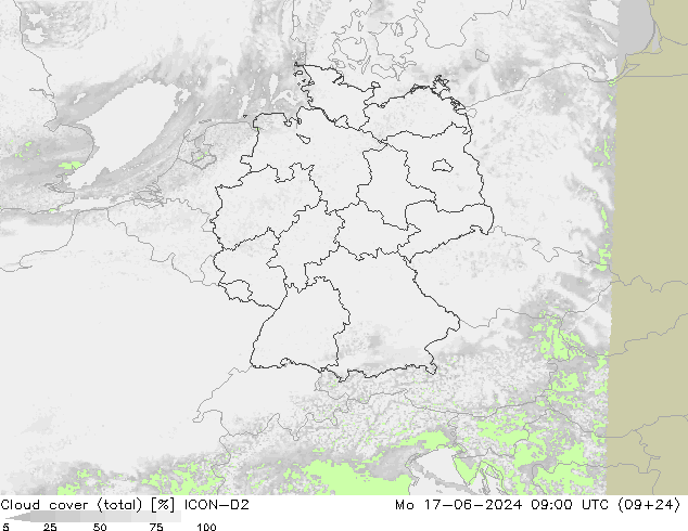 Cloud cover (total) ICON-D2 Po 17.06.2024 09 UTC
