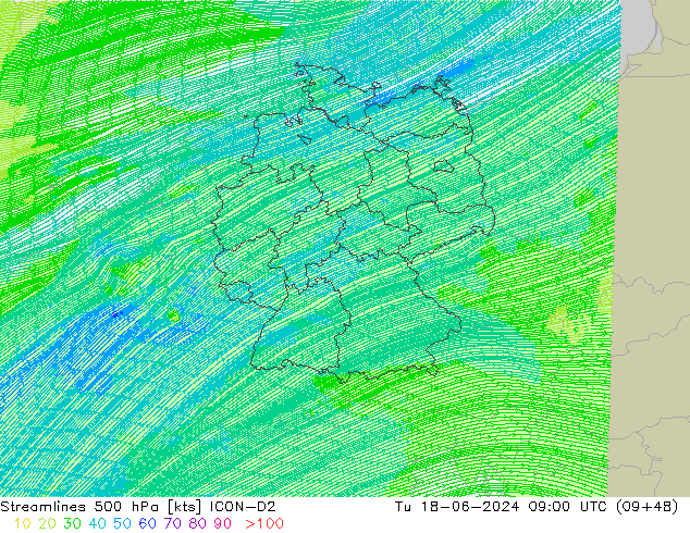 Línea de corriente 500 hPa ICON-D2 mar 18.06.2024 09 UTC