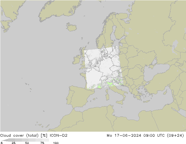 Nubes (total) ICON-D2 lun 17.06.2024 09 UTC