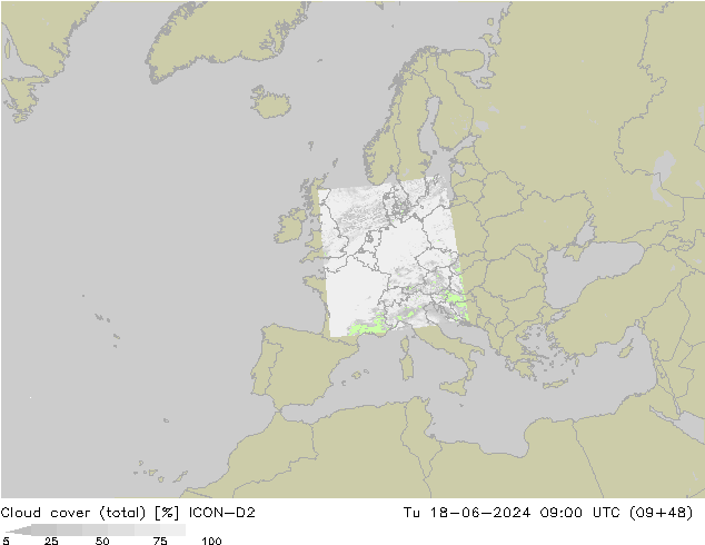 Cloud cover (total) ICON-D2 Tu 18.06.2024 09 UTC