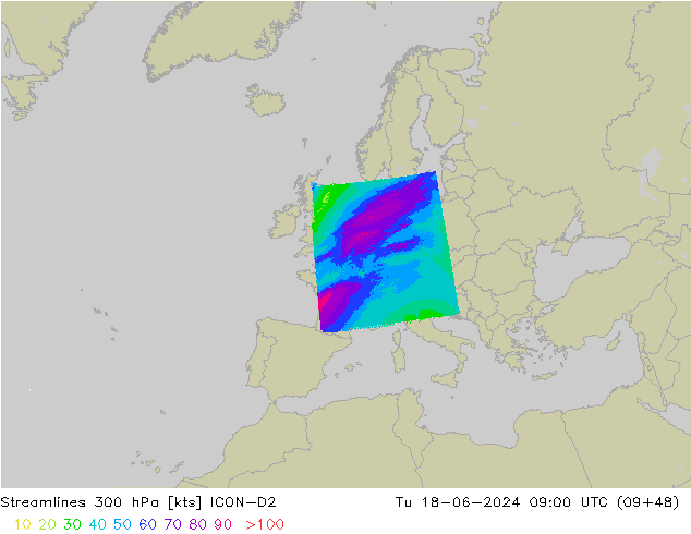 Rüzgar 300 hPa ICON-D2 Sa 18.06.2024 09 UTC