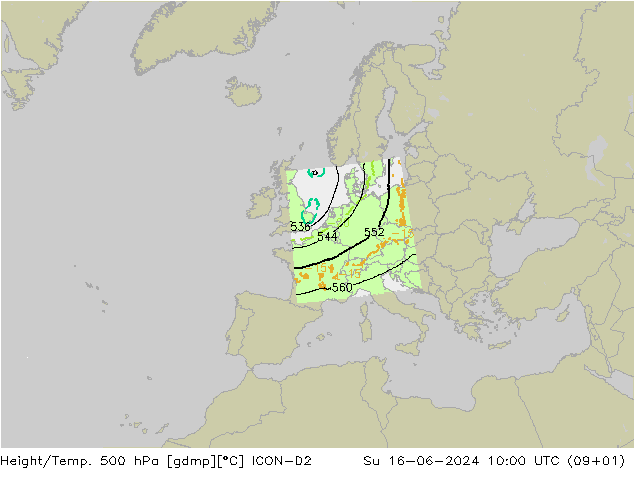 Height/Temp. 500 hPa ICON-D2 Su 16.06.2024 10 UTC