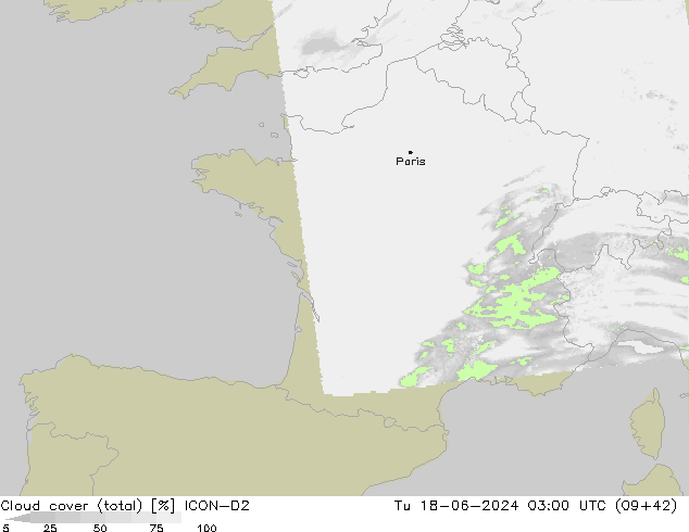 Nubes (total) ICON-D2 mar 18.06.2024 03 UTC
