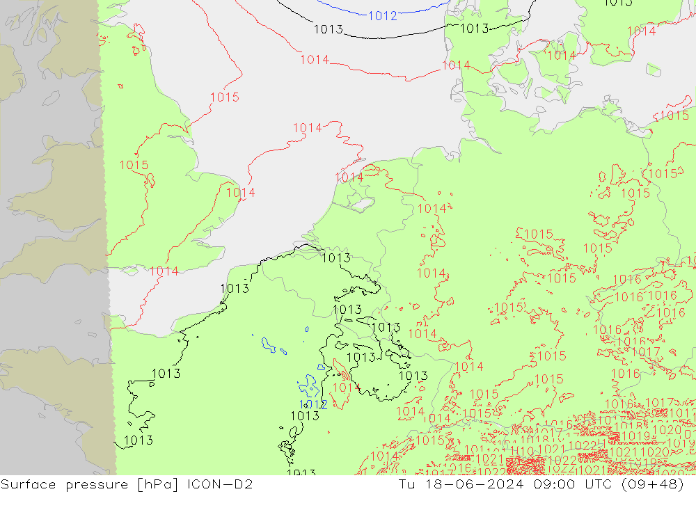 Surface pressure ICON-D2 Tu 18.06.2024 09 UTC