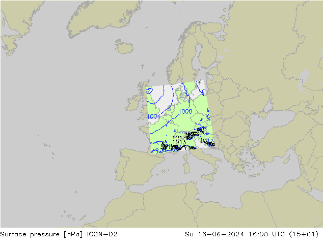 Presión superficial ICON-D2 dom 16.06.2024 16 UTC