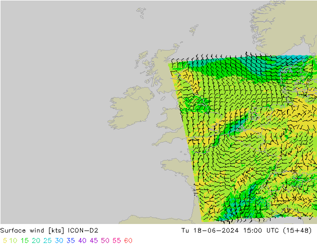 Surface wind ICON-D2 Tu 18.06.2024 15 UTC