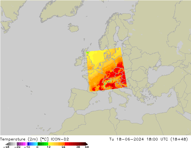 Sıcaklık Haritası (2m) ICON-D2 Sa 18.06.2024 18 UTC