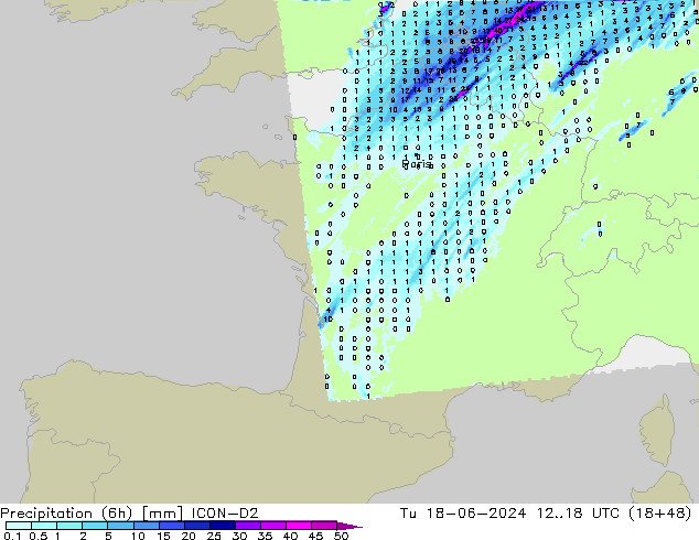 Precipitation (6h) ICON-D2 Tu 18.06.2024 18 UTC