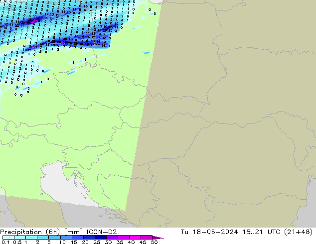 Precipitation (6h) ICON-D2 Tu 18.06.2024 21 UTC