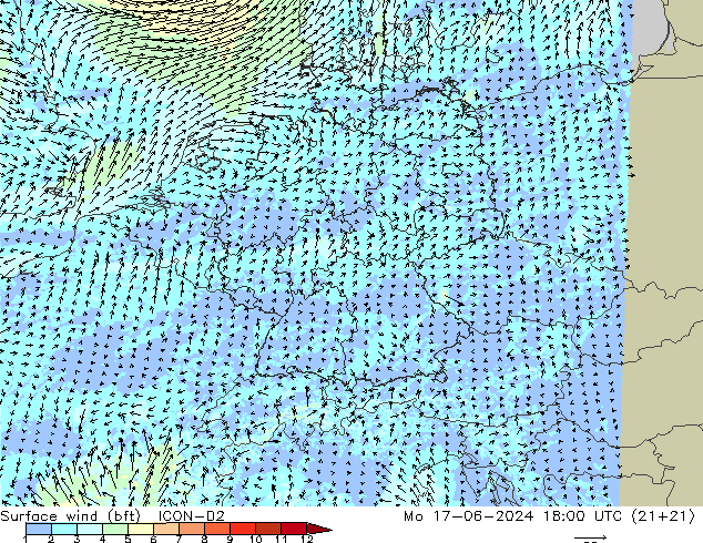 Surface wind (bft) ICON-D2 Mo 17.06.2024 18 UTC