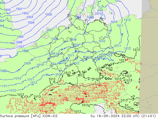 地面气压 ICON-D2 星期日 16.06.2024 22 UTC