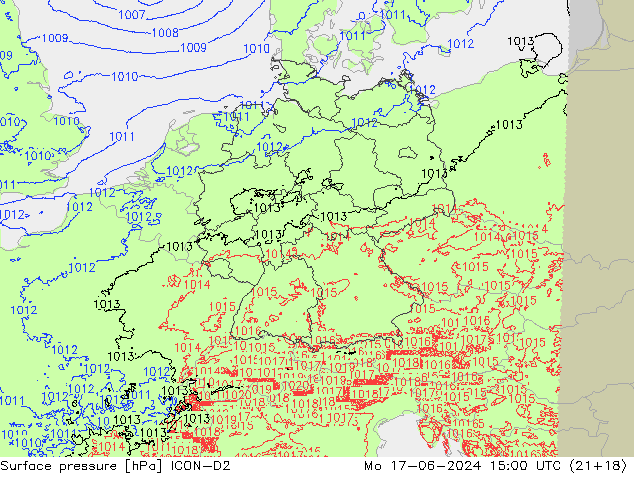 Atmosférický tlak ICON-D2 Po 17.06.2024 15 UTC