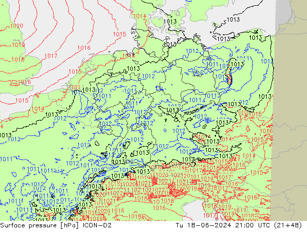 Atmosférický tlak ICON-D2 Út 18.06.2024 21 UTC