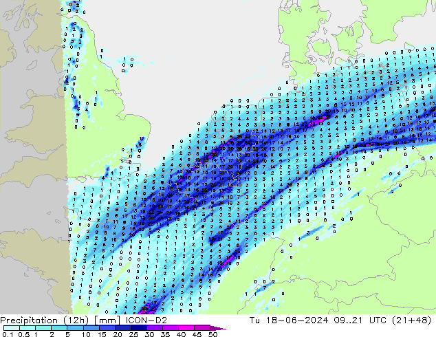 Precipitation (12h) ICON-D2 Tu 18.06.2024 21 UTC