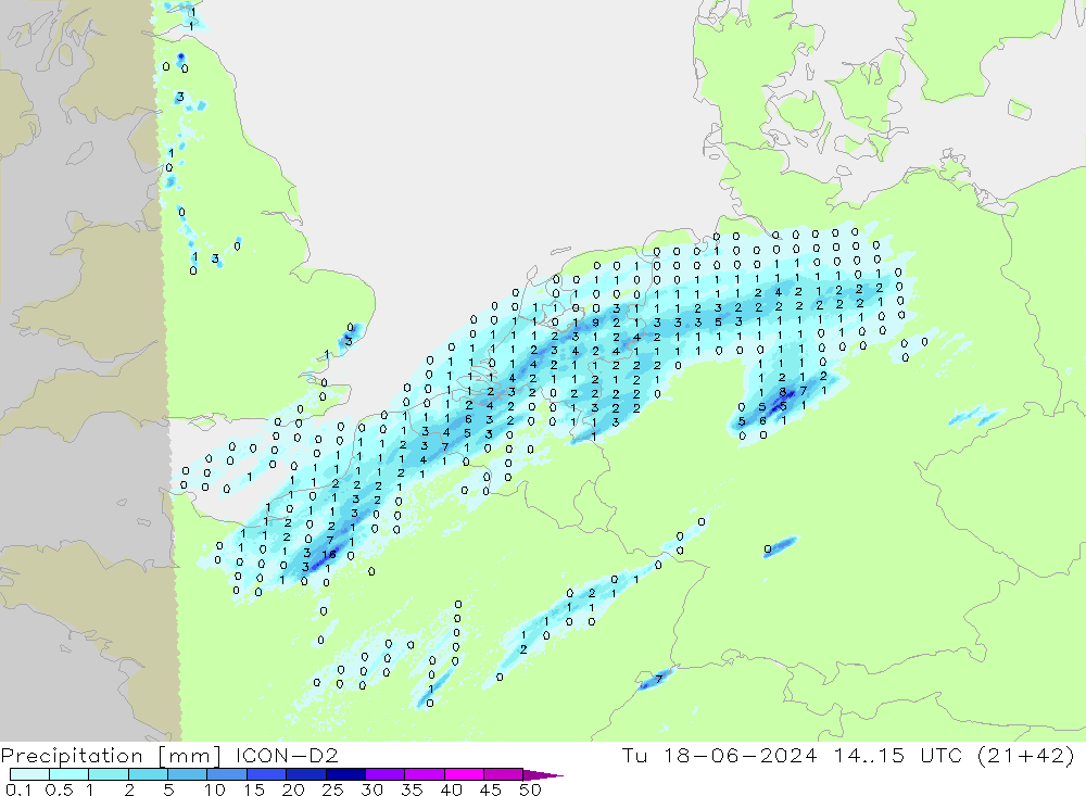 Precipitation ICON-D2 Tu 18.06.2024 15 UTC
