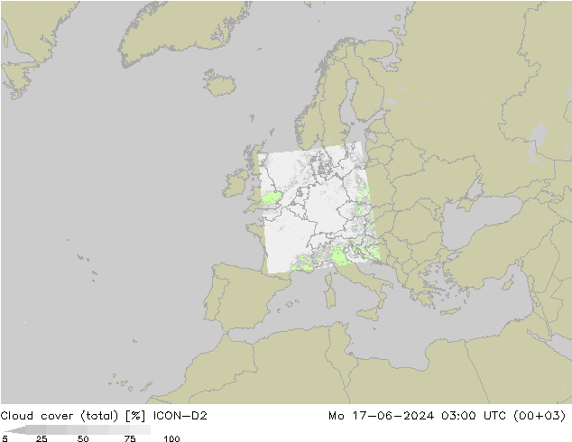 Cloud cover (total) ICON-D2 Mo 17.06.2024 03 UTC