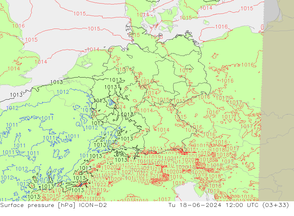 Atmosférický tlak ICON-D2 Út 18.06.2024 12 UTC