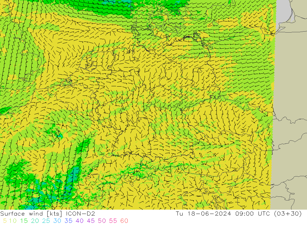 Wind 10 m ICON-D2 di 18.06.2024 09 UTC