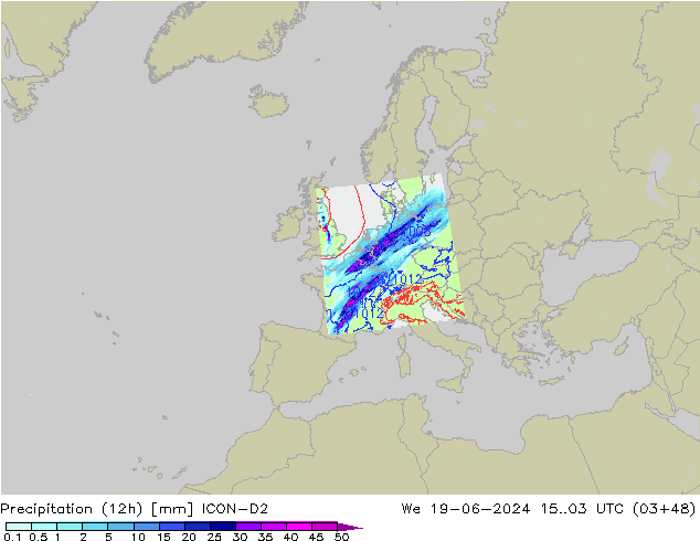 Precipitation (12h) ICON-D2 We 19.06.2024 03 UTC