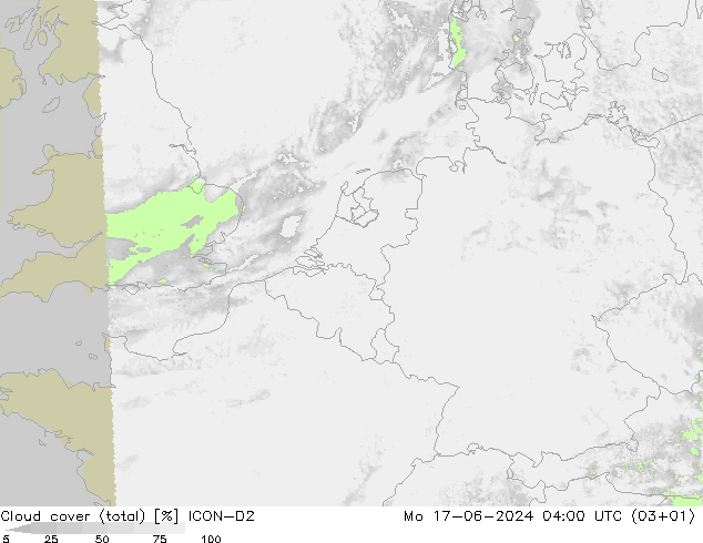 Cloud cover (total) ICON-D2 Mo 17.06.2024 04 UTC