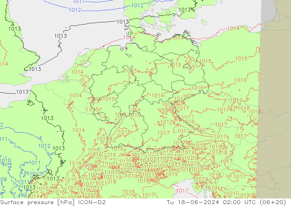 Surface pressure ICON-D2 Tu 18.06.2024 02 UTC