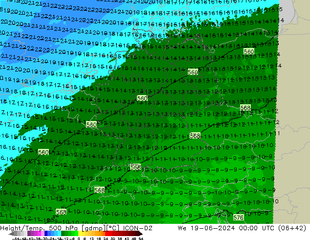 Height/Temp. 500 hPa ICON-D2 mer 19.06.2024 00 UTC