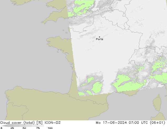Bewolking (Totaal) ICON-D2 ma 17.06.2024 07 UTC