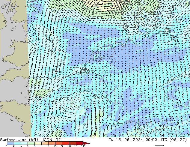 Surface wind (bft) ICON-D2 Tu 18.06.2024 09 UTC